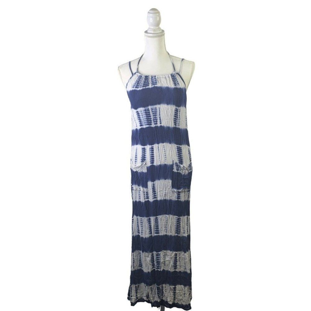 Entro Blue & White Tie Dye Halter Sleeveless Maxi Dress S Small Women's …
